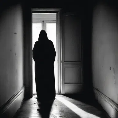 As the door creaked open, a figure emerged from the shadows, en deshabille, adding an eerie element to the already terrifying scene.