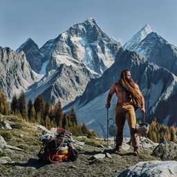 A rugged mountain man, with a burly physique contrasted against a backdrop of towering peaks, wearing traditional mountaineer clothing and equipped with climbing gear.