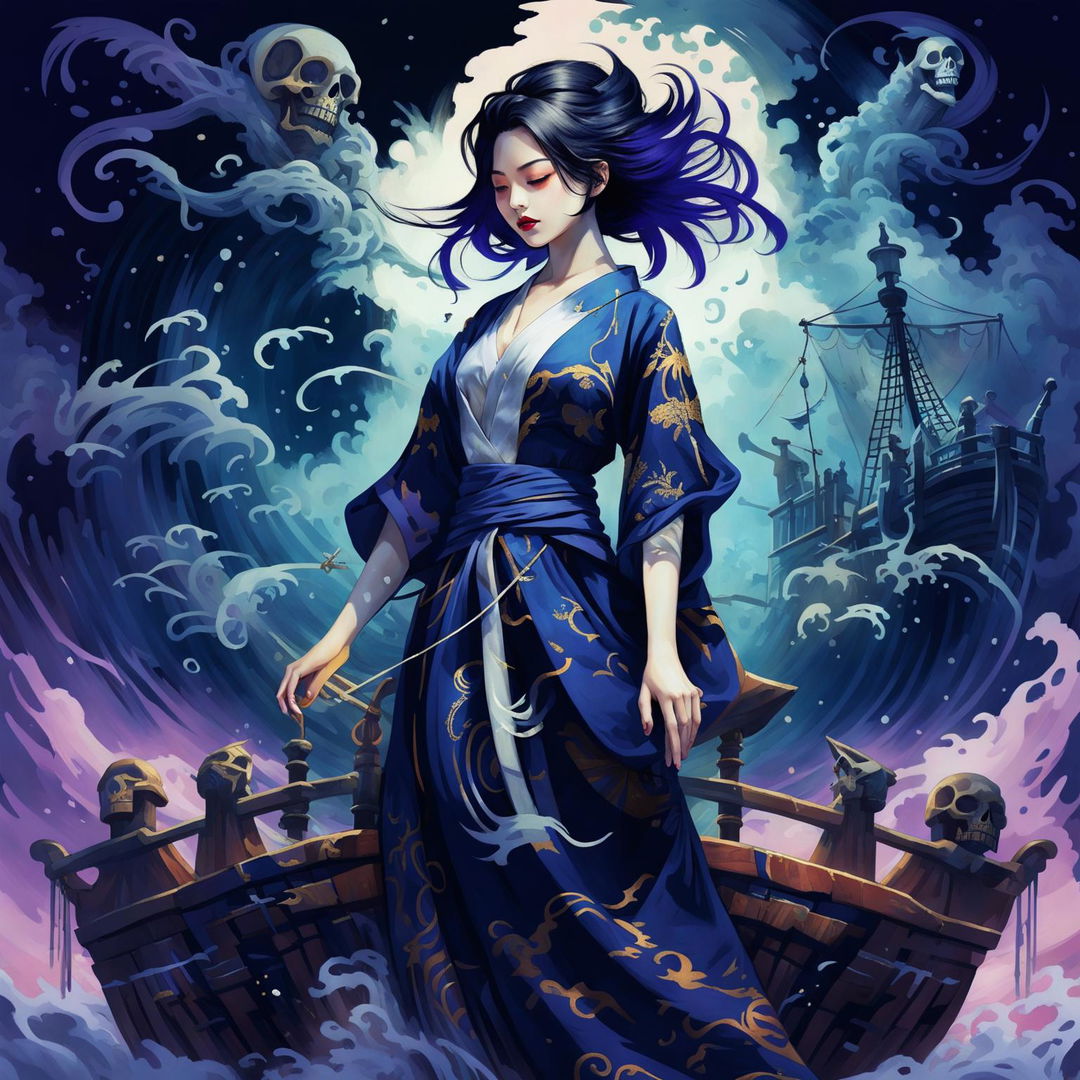 A woman in a Japanese kimono on a ghostly pirate ship sailing in the air against a twilight sky.