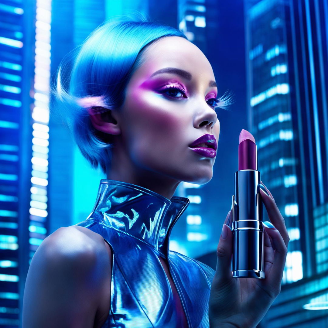 Futuristic model with glowing skin and electric blue eyes applies metallic rose lipstick in a high-tech, neon-lit setting.