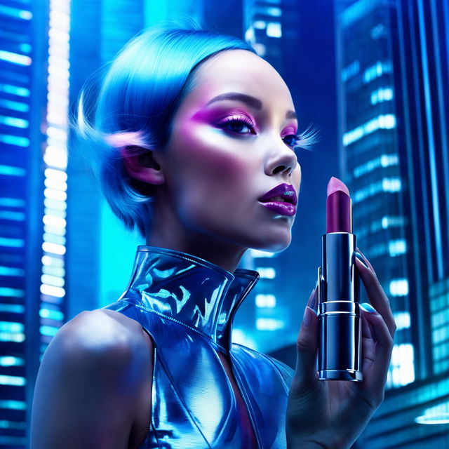 Futuristic model with glowing skin and electric blue eyes applies metallic rose lipstick in a high-tech, neon-lit setting.