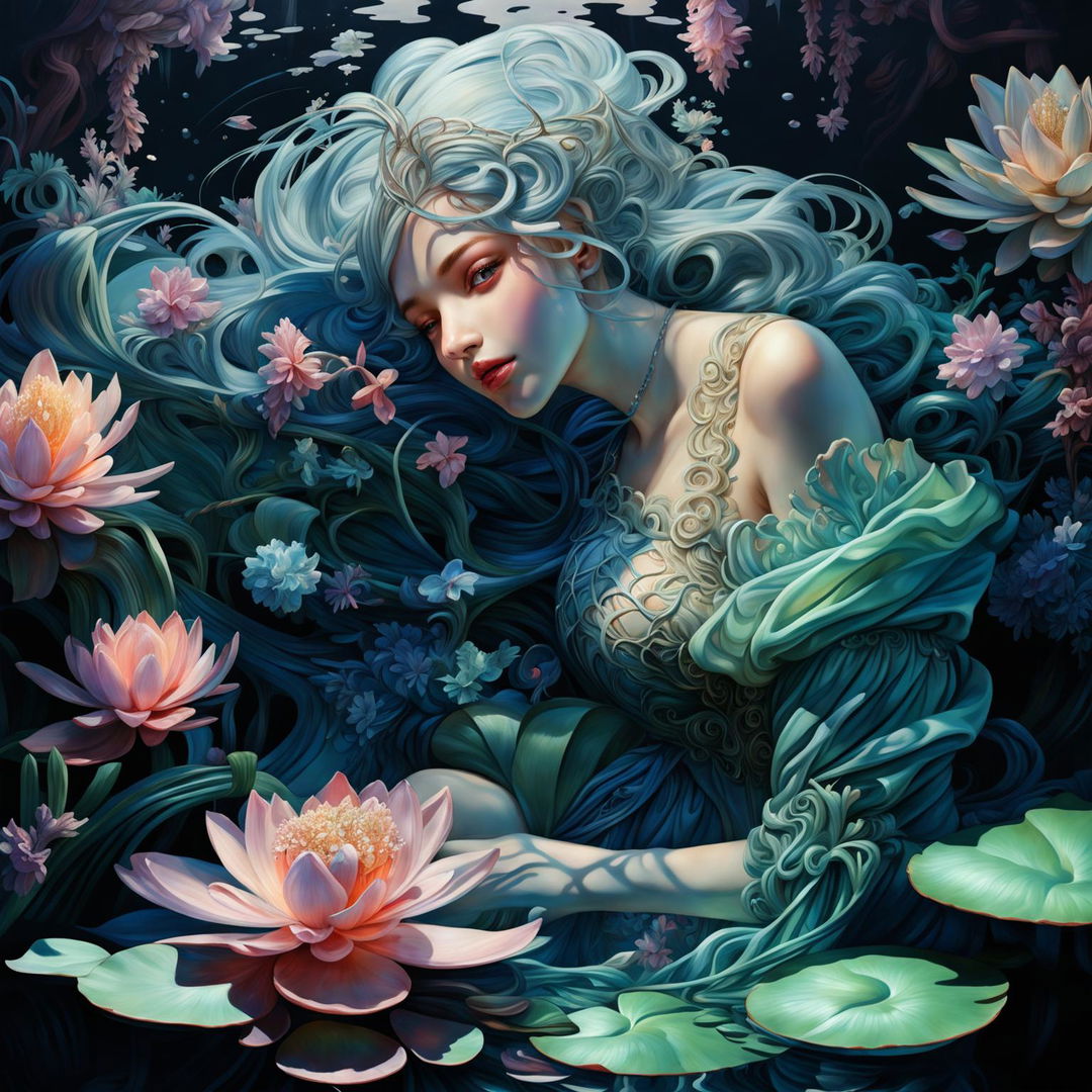 Hyper-realistic 3D Rococo water nymph contemplating life among water lilies in a tranquil lagoon.