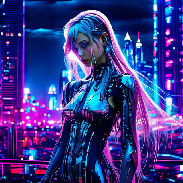 A hyper-realistic, unfiltered photograph of a techno-organic girl with glowing blue eyes and long, thick pink hair standing alone in a neon-lit cityscape. Her body is a blend of human and machine, exuding profound sadness yet undeniable beauty.