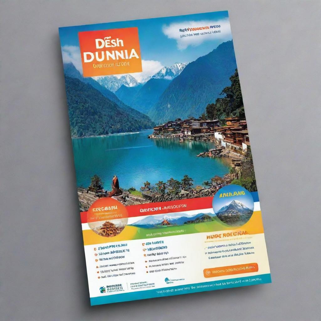 Design a vibrant and appealing flyer for 'Desh Dunia GO', a travel agency that specializes in trips to Sikkim, North East India, and the Andaman Islands. Incorporate images reflecting the beauty and culture of these destinations, with travel-related symbols.