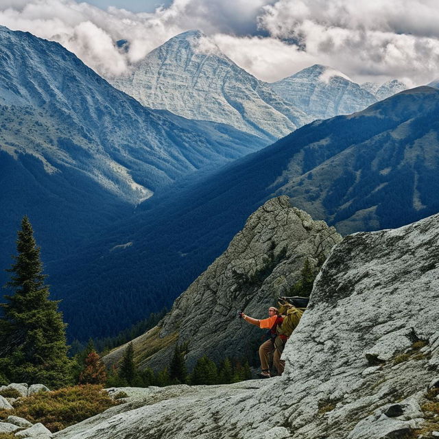 A rugged mountain man, with a burly physique contrasted against a backdrop of towering peaks, wearing traditional mountaineer clothing and equipped with climbing gear.