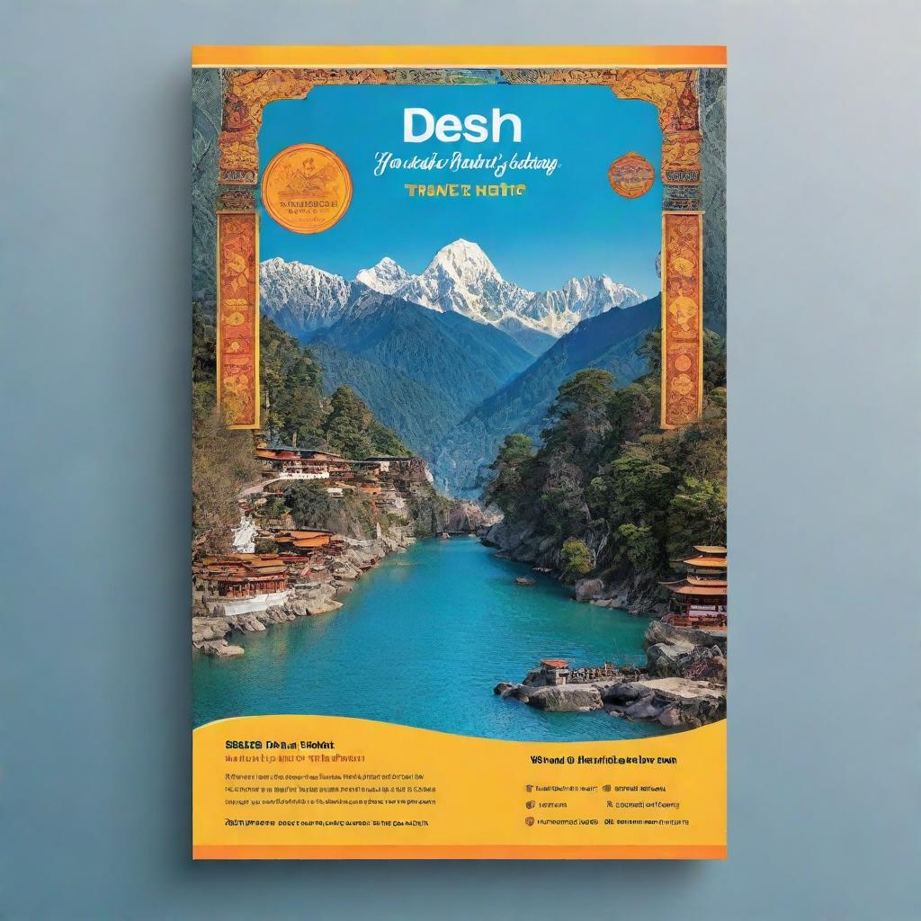 Design a vibrant and appealing flyer for 'Desh Dunia GO', a travel agency that specializes in trips to Sikkim, North East India, and the Andaman Islands. Incorporate images reflecting the beauty and culture of these destinations, with travel-related symbols.