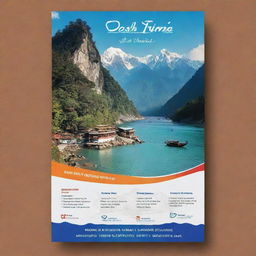 Design a vibrant and appealing flyer for 'Desh Dunia GO', a travel agency that specializes in trips to Sikkim, North East India, and the Andaman Islands. Incorporate images reflecting the beauty and culture of these destinations, with travel-related symbols.