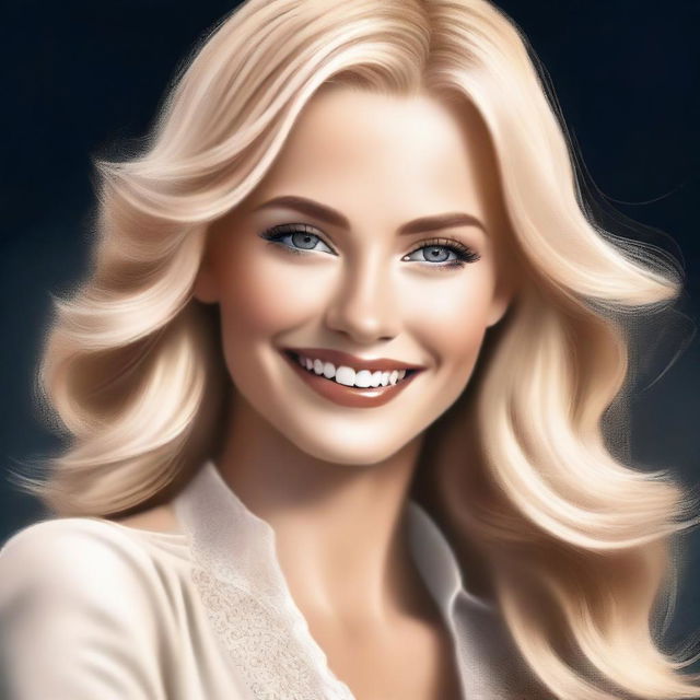 A digital art of a beautiful blonde woman with captivating eyes and a radiant smile