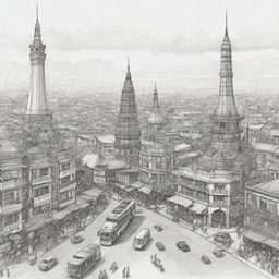 Sketch of a detailed Surabaya cityscape with iconic landmarks, bustling streets, and cultural highlights, encapsulating the travel essence of the city.