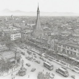 Sketch of a detailed Surabaya cityscape with iconic landmarks, bustling streets, and cultural highlights, encapsulating the travel essence of the city.