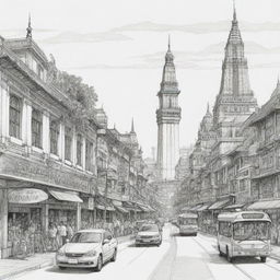 Sketch of a detailed Surabaya cityscape with iconic landmarks, bustling streets, and cultural highlights, encapsulating the travel essence of the city.