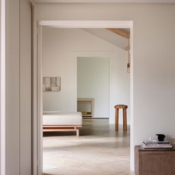 A simple yet aesthetic interior with minimalist design, neutral color palette, and thoughtful placement of furniture and decor.