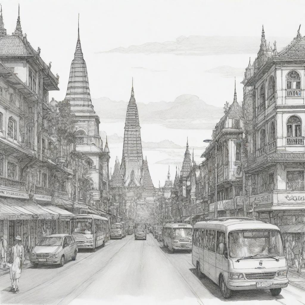 Sketch of a detailed Surabaya cityscape with iconic landmarks, bustling streets, and cultural highlights, encapsulating the travel essence of the city.