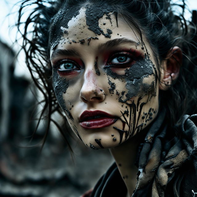 Ultra-close-up Vogue-style editorial shot of a post-apocalyptic model's face. Her skin glows amidst dust and grime; eyes accentuated by smoky eyeshadow; lips chapped but bold in crimson. Her hair is tousled, adorned with metallic remnants of a forgotten civilization. The backdrop hints at crumbling buildings and barren landscapes.