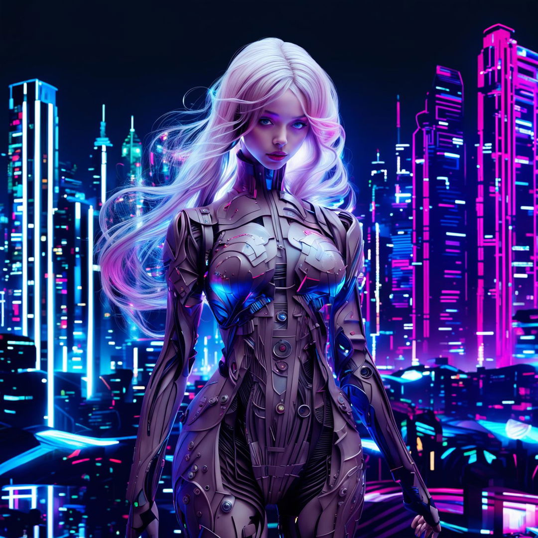 A hyper-realistic, unfiltered photograph of a techno-organic girl with glowing blue eyes and long, thick neon pink hair standing alone in a neon-lit cityscape. Her body is a blend of human and machine, exuding profound sadness yet undeniable beauty.