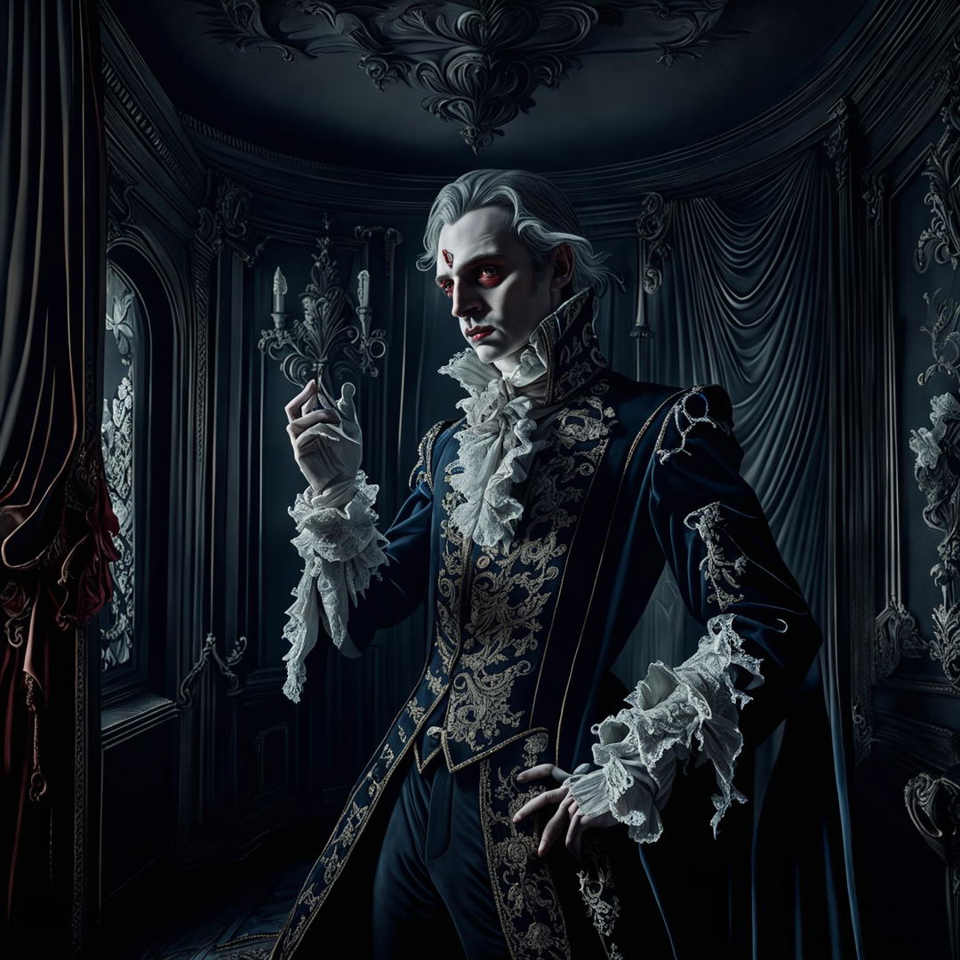 A hyper-realistic 3D image of a Rococo-era vampire in an ornate room, recoiling from creeping sunlight with a gothic aesthetic.