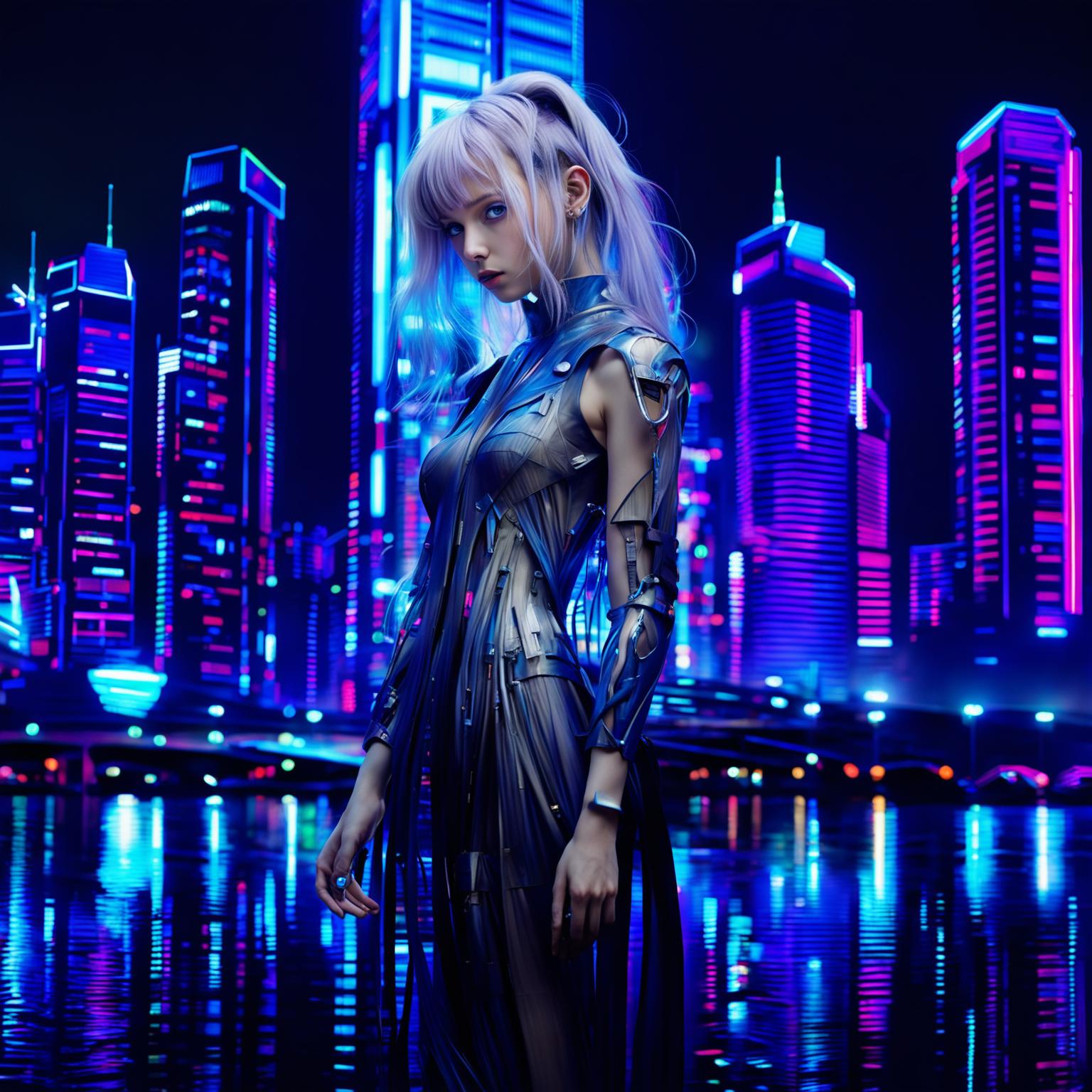 A hyper-realistic, unfiltered photograph of a techno-organic girl with glowing blue eyes and long, thick vibrant pink hair standing alone in a neon-lit cityscape. Her body is a blend of human and machine, exuding profound sadness yet undeniable beauty.