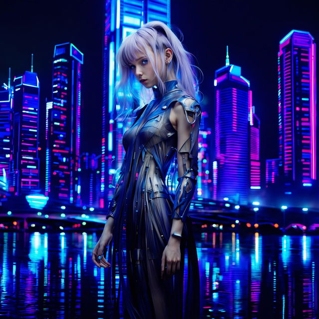 A hyper-realistic, unfiltered photograph of a techno-organic girl with glowing blue eyes and long, thick vibrant pink hair standing alone in a neon-lit cityscape. Her body is a blend of human and machine, exuding profound sadness yet undeniable beauty.