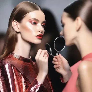 The model held up the hand mirror to check her makeup before walking the runway.