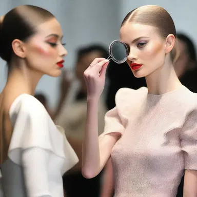 The model held up the hand mirror to check her makeup before walking the runway.