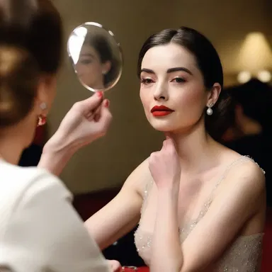 The actress used the hand mirror to quickly touch up her lipstick before her scene.