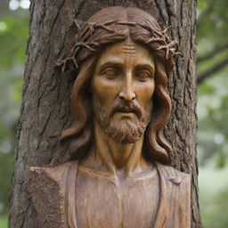 A detailed carving of Jesus Christ on a tree