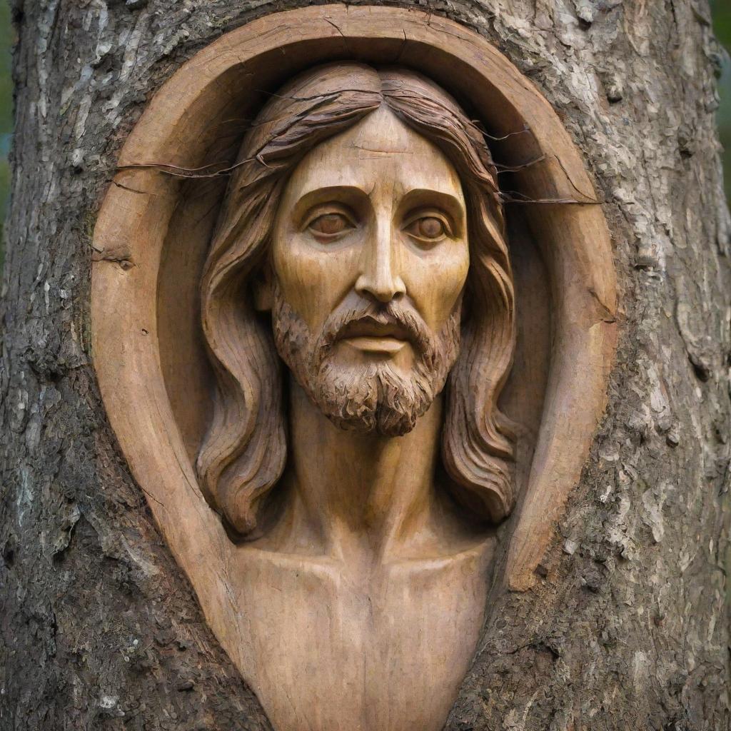 A detailed carving of Jesus Christ on a tree