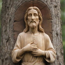 A detailed carving of Jesus Christ on a tree