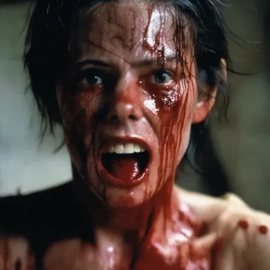 In the horror movie, the protagonist's face gradually began to reek with sweat and blood, adding to the suspense.