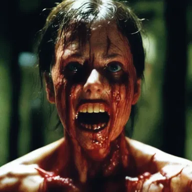 In the horror movie, the protagonist's face gradually began to reek with sweat and blood, adding to the suspense.