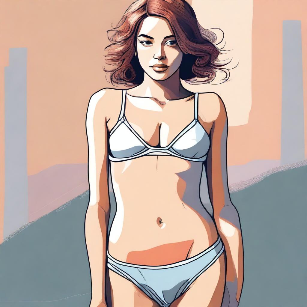 A high-quality digital art image depicts a tastefully drawn young woman, modestly attired in underwear