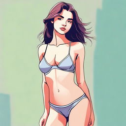 A high-quality digital art image depicts a tastefully drawn young woman, modestly attired in underwear