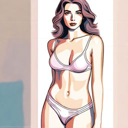 A high-quality digital art image depicts a tastefully drawn young woman, modestly attired in underwear