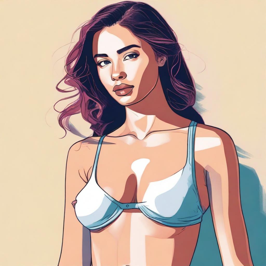 A high-quality digital art image depicts a tastefully drawn young woman, modestly attired in underwear