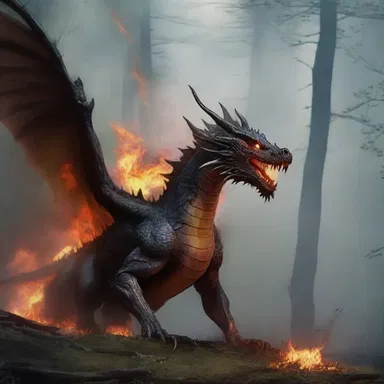 The dragon, with its fiery breath, caused the surrounding forest to reek of smoke and burnt wood.
