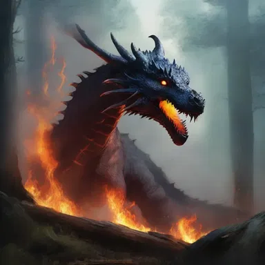 The dragon, with its fiery breath, caused the surrounding forest to reek of smoke and burnt wood.