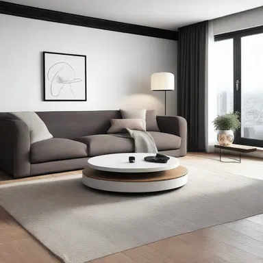 The modern apartment features a minimalist living room with a sleek turntable placed on a rotating platform, adding a touch of retro elegance to the space.