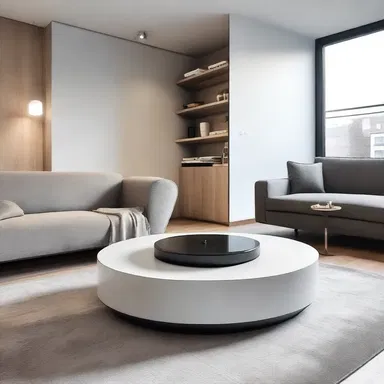 The modern apartment features a minimalist living room with a sleek turntable placed on a rotating platform, adding a touch of retro elegance to the space.