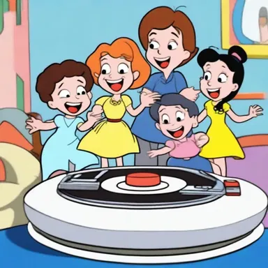 In the animated cartoon, the characters climbed onto the turntable and spun around as part of a comedic gag.