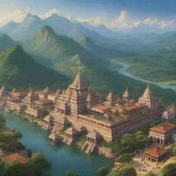 A majestic view of the kingdom of Hastinapura from the Mahabharata, with grand palaces, lush greenery, flowing rivers, towering mountains, and bustling bazaars.