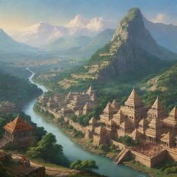 A majestic view of the kingdom of Hastinapura from the Mahabharata, with grand palaces, lush greenery, flowing rivers, towering mountains, and bustling bazaars.