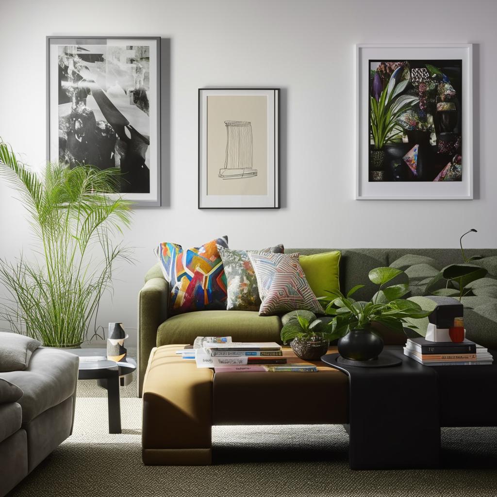 A cozy, well-lit living room with a modern design, featuring comfortable furniture, colorful cushions, a stylish coffee table, plants, and pieces of artwork on the walls