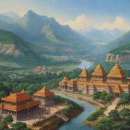 A majestic view of the kingdom of Hastinapura from the Mahabharata, with grand palaces, lush greenery, flowing rivers, towering mountains, and bustling bazaars.