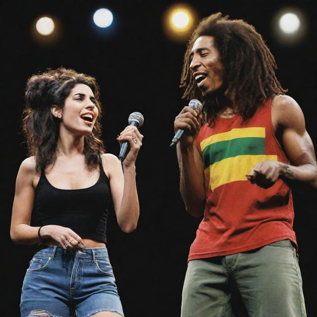 A realistic illustration of Amy Winehouse and Bob Marley together, both holding microphones and sharing a stage in a lively music concert scene.