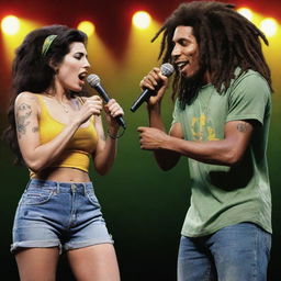 A realistic illustration of Amy Winehouse and Bob Marley together, both holding microphones and sharing a stage in a lively music concert scene.