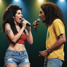 A realistic illustration of Amy Winehouse and Bob Marley together, both holding microphones and sharing a stage in a lively music concert scene.