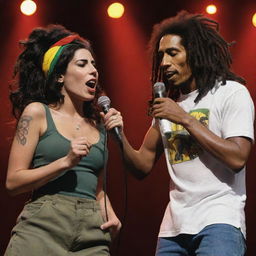 A realistic illustration of Amy Winehouse and Bob Marley together, both holding microphones and sharing a stage in a lively music concert scene.