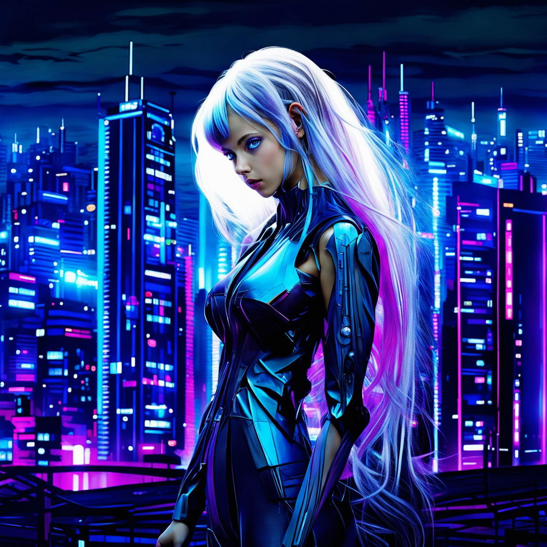 A hyper-realistic, unfiltered photograph of a techno-organic girl with glowing blue eyes and long, thick magenta hair standing alone in a neon-lit cityscape. Her body is a blend of human and machine, exuding profound sadness yet undeniable beauty.