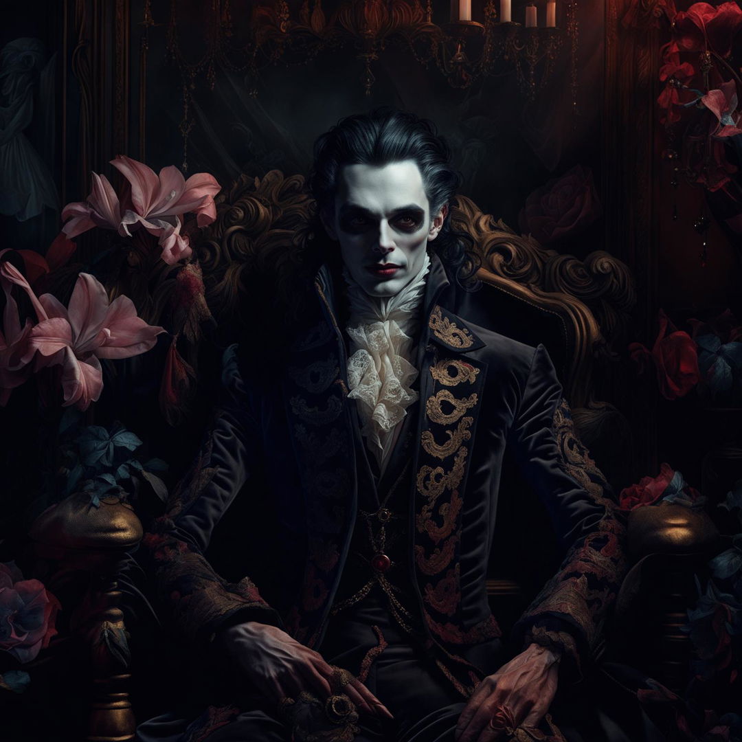 A hyper-realistic 3D image of a Rococo-era vampire in a grand room filled with dark flowers, exuding both gothic vibes and floral aesthetics.