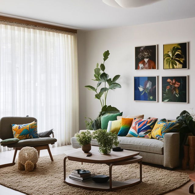 A cozy, well-lit living room with a modern design, featuring comfortable furniture, colorful cushions, a stylish coffee table, plants, and pieces of artwork on the walls